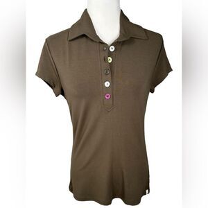 Lija Olive Green Funky Multi Color Button Front Short Sleeve Polo Shirt